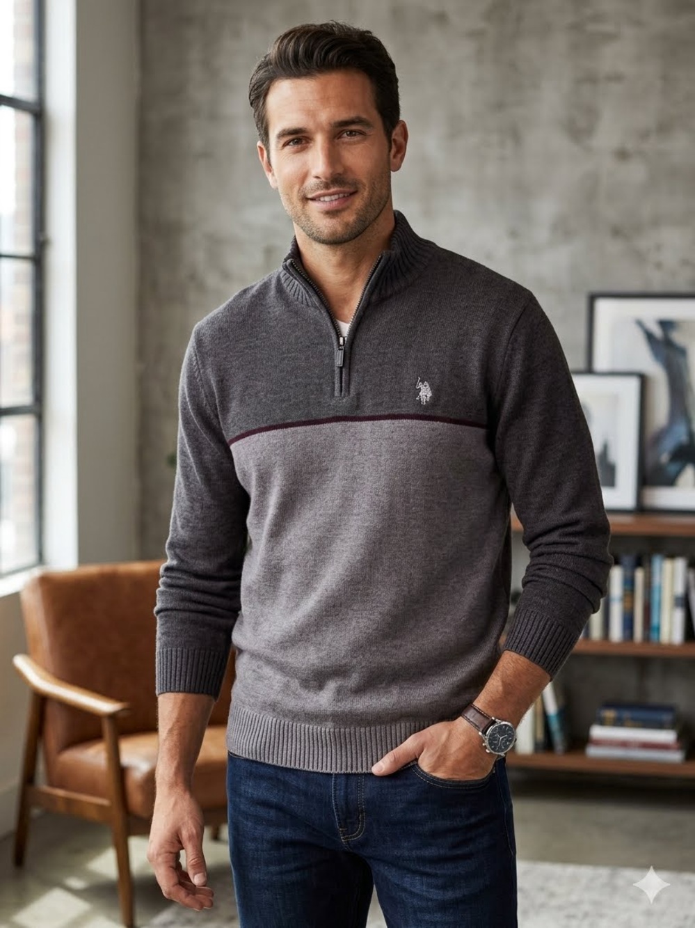 US Polo Assn Men's 2XL Gray Colorblock Quarter Zip Pullover Sweater Cotton Blend